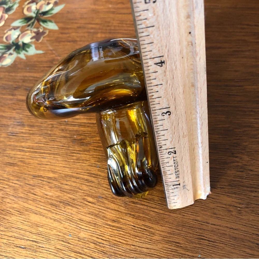 Vintage Art Glass Mushroom Toadstool Amber Blown Glass Figurine Sculpture 4”